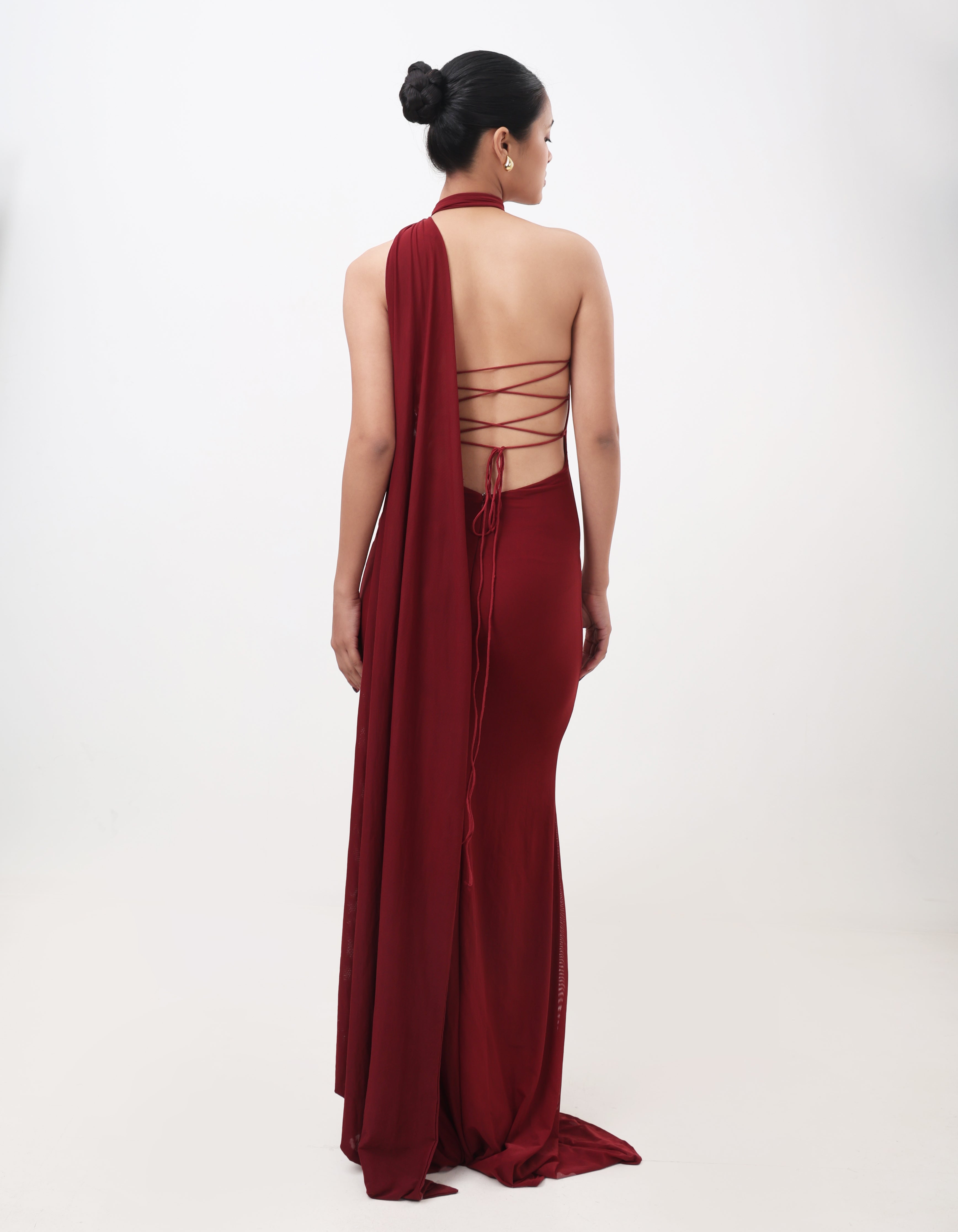 Crimson Backless Draped Gown