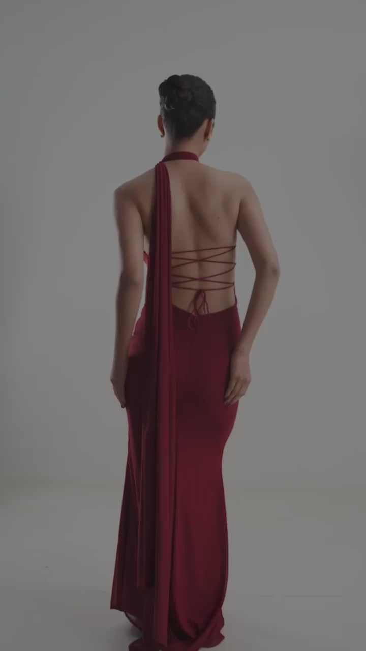 Crimson Backless Draped Gown